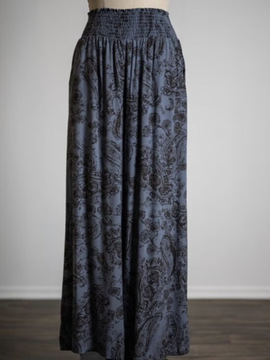 Sozy Pants - Sozy Charlie Dusty Blue and Black Paisley Wide Leg Elastic Wasit Pants